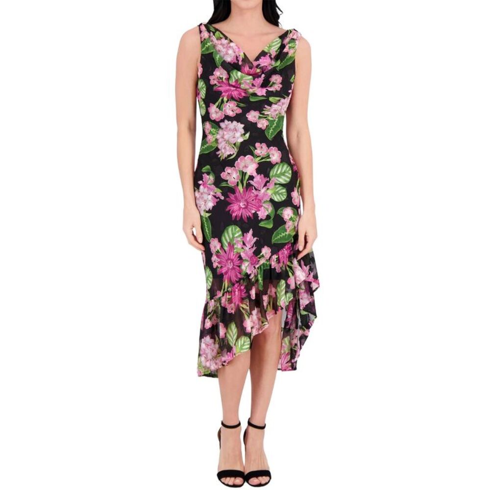 Kensie Womens Floral-Print Chiffon Flounce Midi Dress 6 Black/Multi - NWT $138